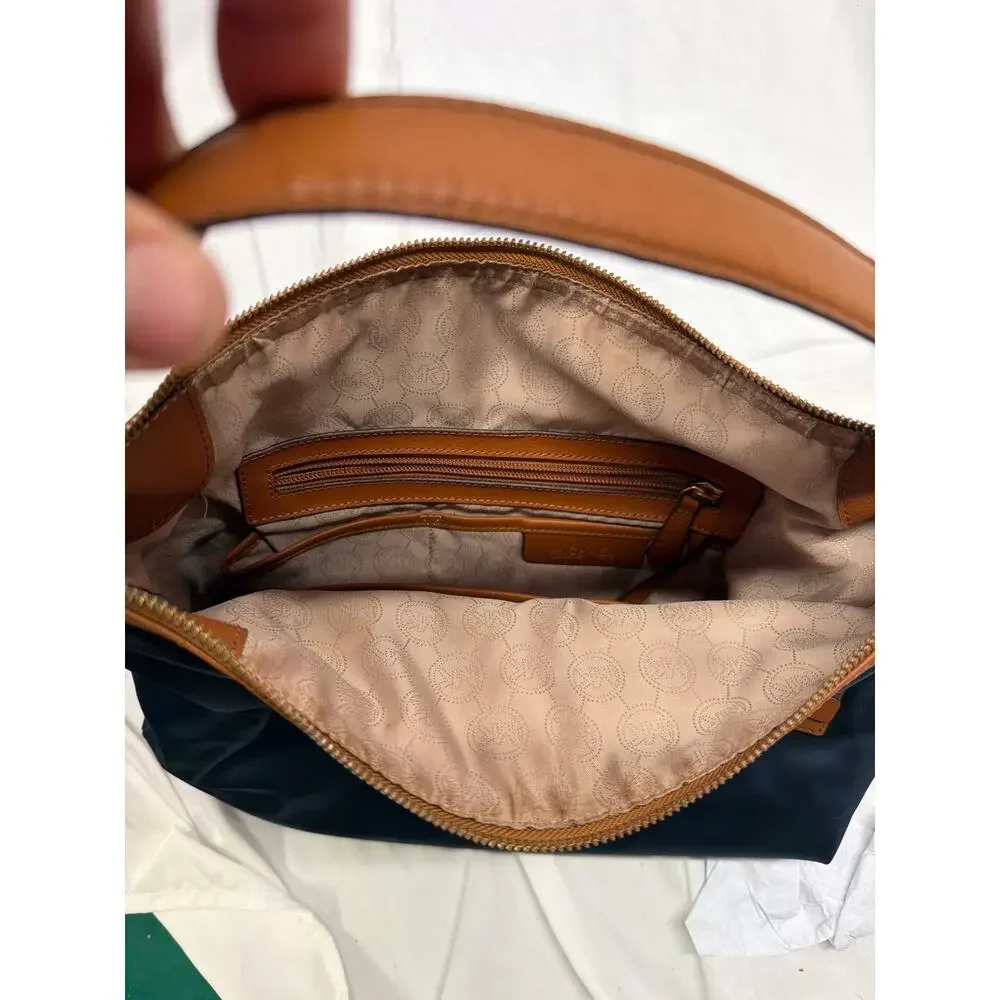 Michael Kors Navy Blue Nylon & Tan Leather Kelsey Shoulder Hobo Bag
